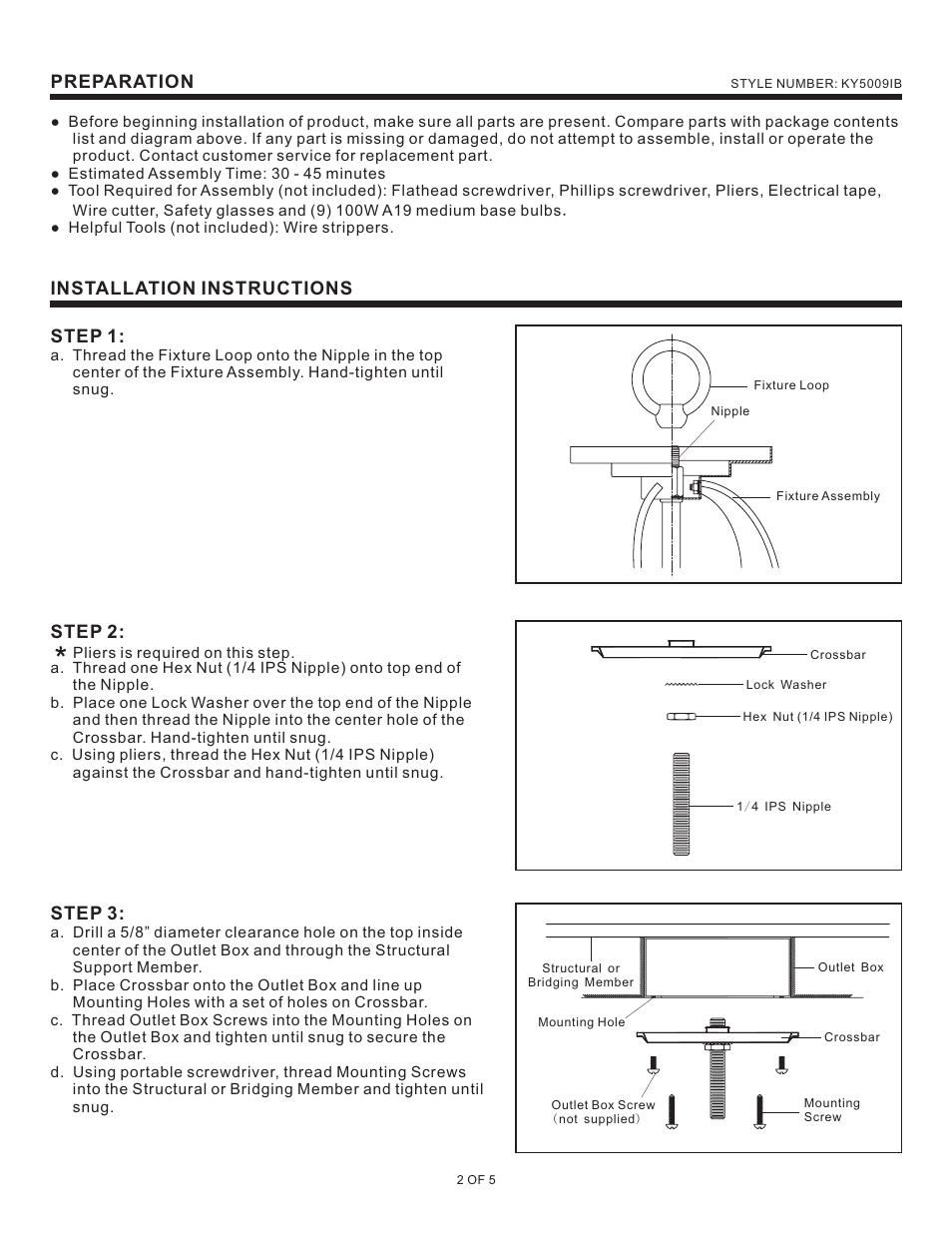 Installation instructions step 1, Preparation, Step 2 | Step 3 | Quoizel KY5009IB Kyle User Manual | Page 2 / 5