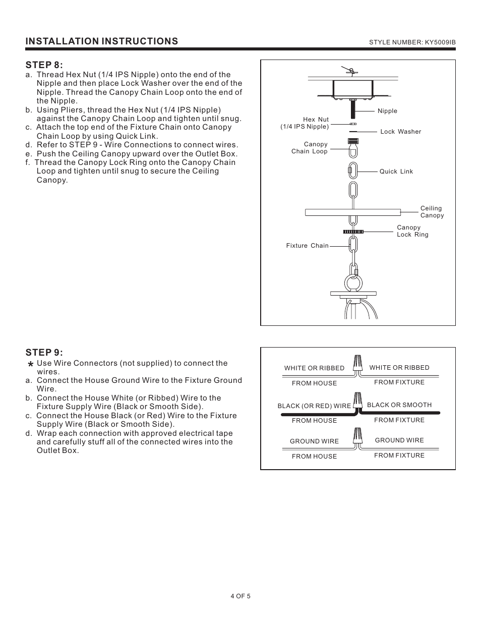 Step 9, Installation instructions, Step 8 | Quoizel KY5009IB Kyle User Manual | Page 4 / 5