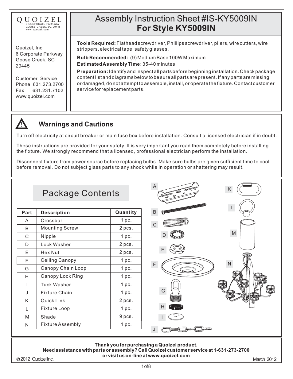 Quoizel KY5009IN Kyle User Manual | 8 pages