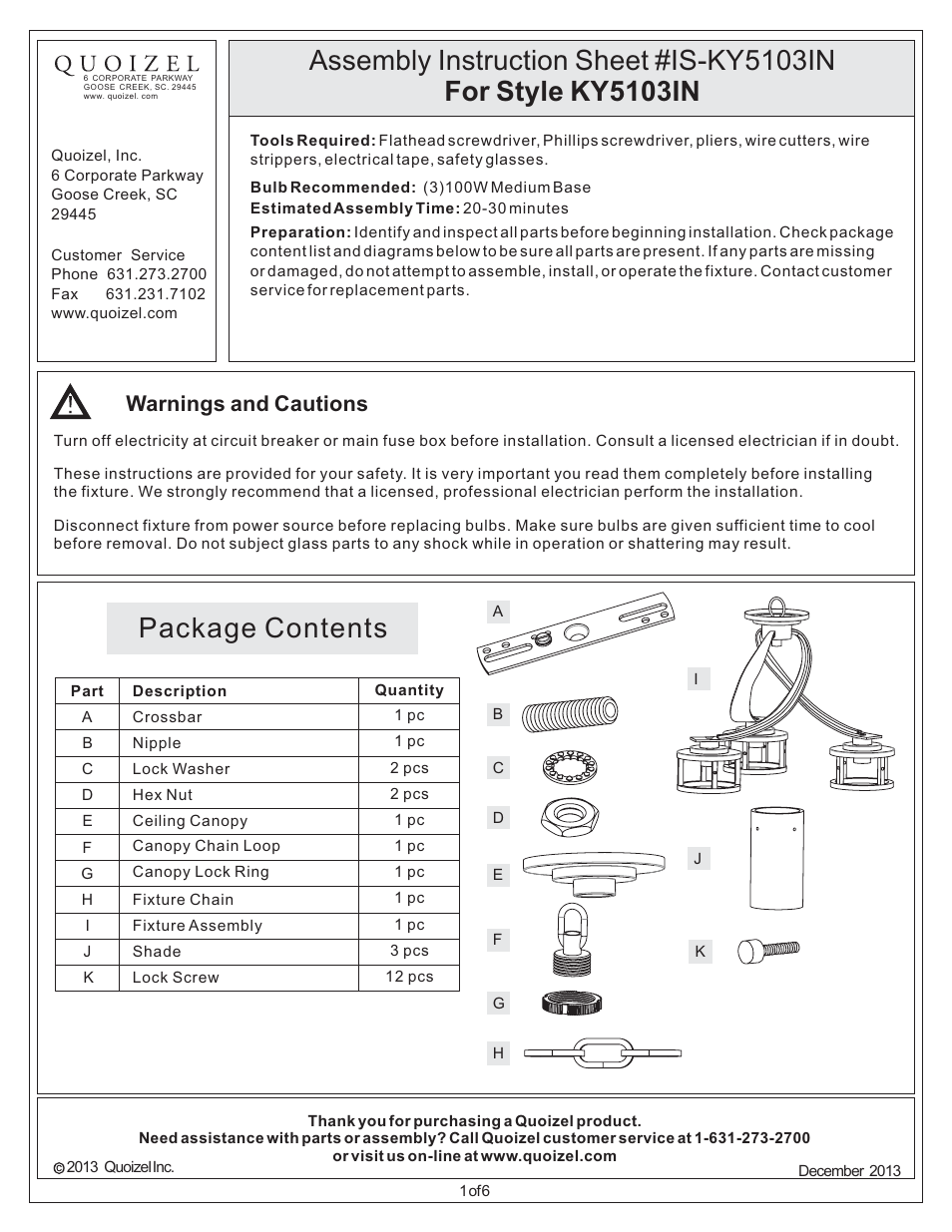 Quoizel KY5103IN Kyle User Manual | 6 pages