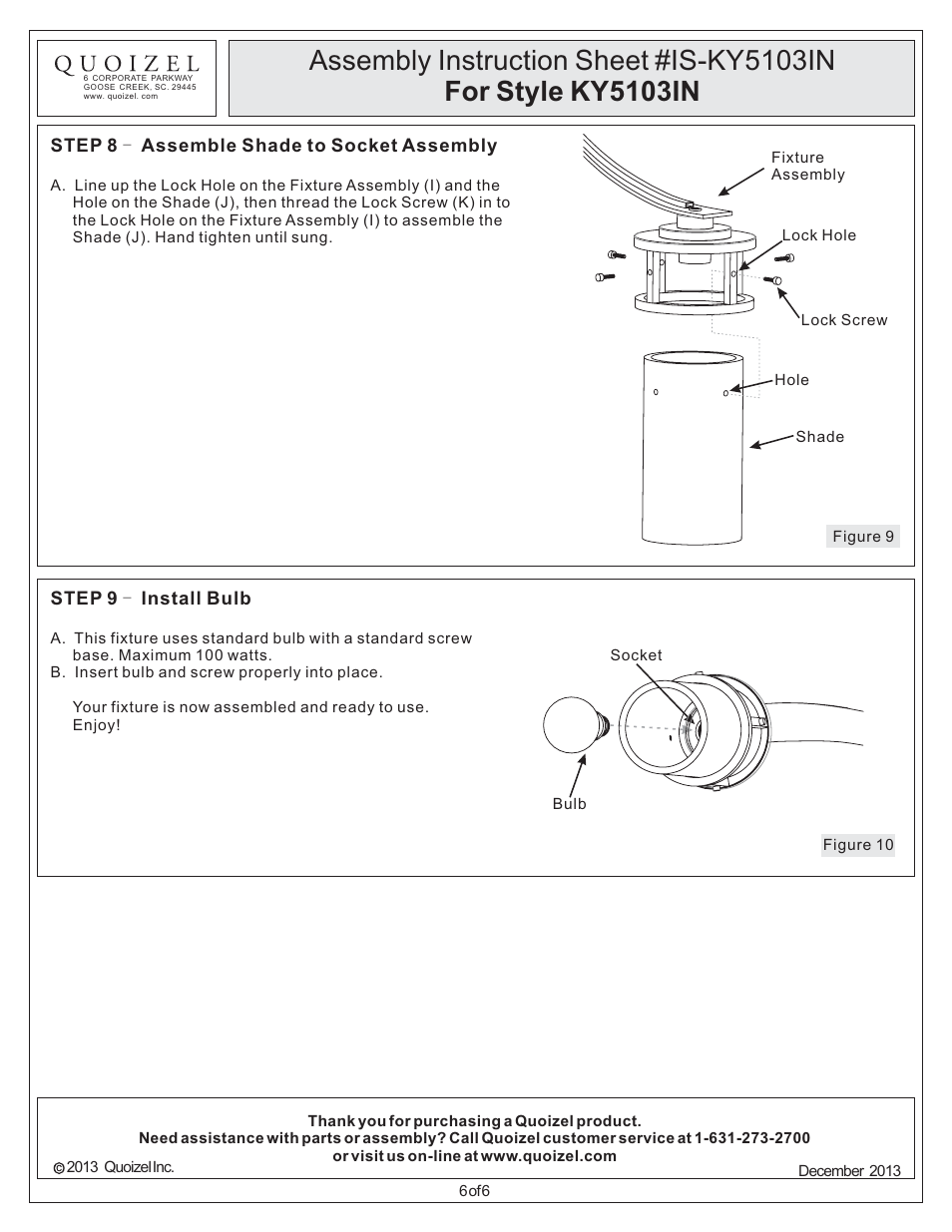 Quoizel KY5103IN Kyle User Manual | Page 6 / 6