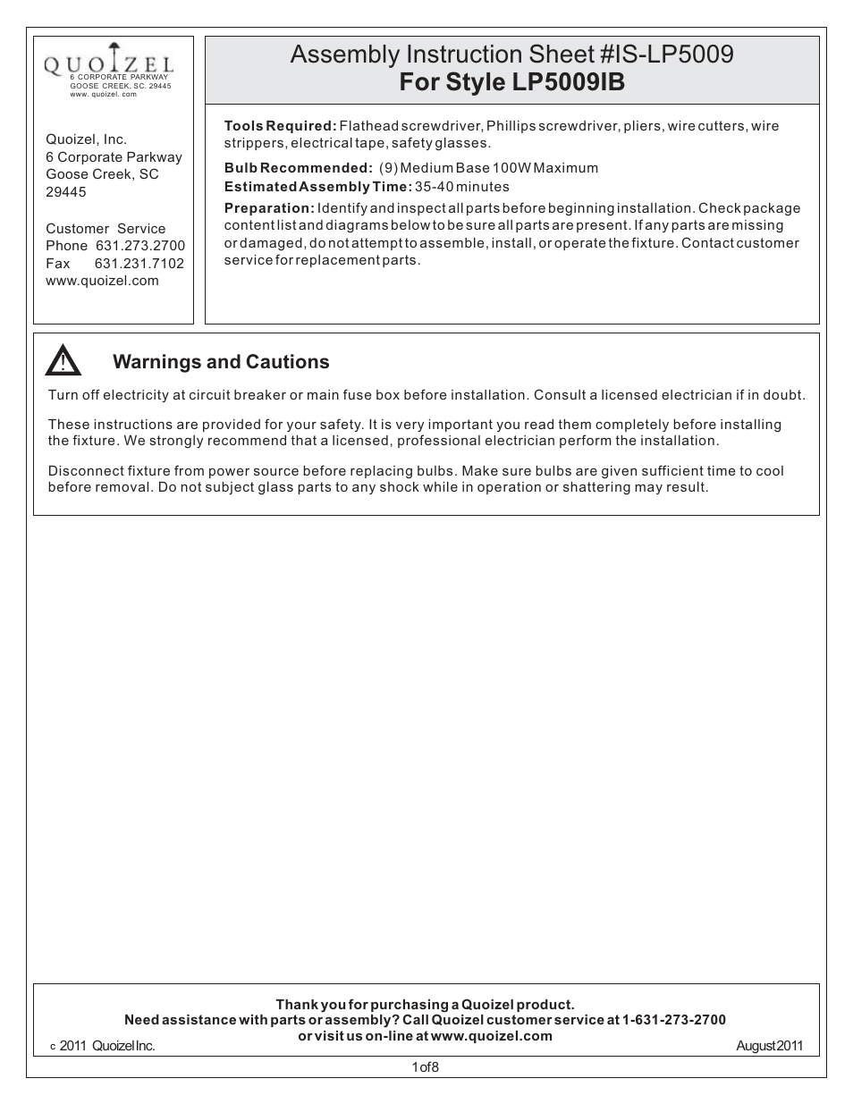 Quoizel LP5009IB La Parra User Manual | 8 pages