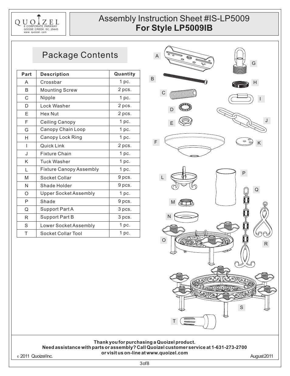 Package contents | Quoizel LP5009IB La Parra User Manual | Page 3 / 8