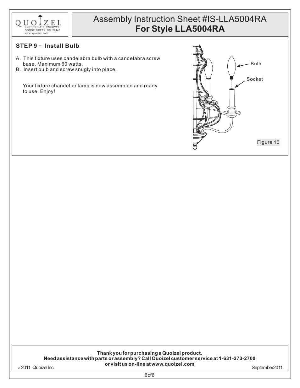 Quoizel LLA5004RA Laila User Manual | Page 6 / 6