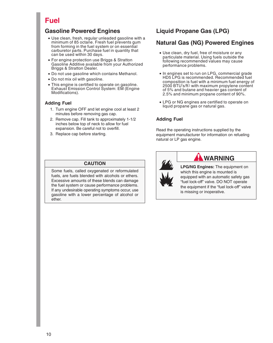 Fuel, Warning, Gasoline powered engines | Briggs & Stratton 290000 User Manual | Page 10 / 20