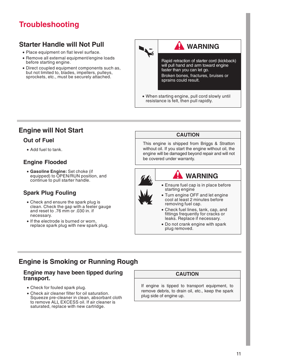 Troubleshooting, Starter handle will not pull, Warning | Briggs & Stratton 290000 User Manual | Page 11 / 20