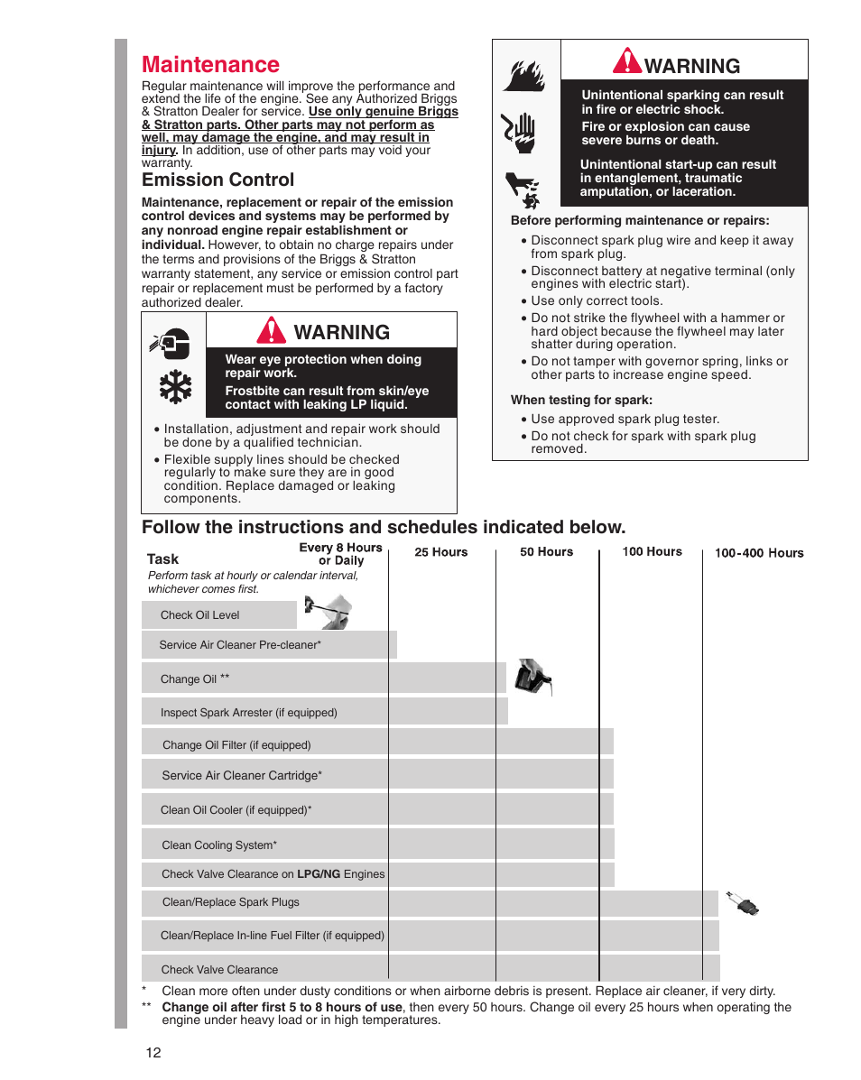 Maintenance, Warning, Emission control | Briggs & Stratton 290000 User Manual | Page 12 / 20