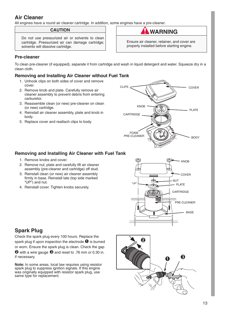 Км л, Warning, Air cleaner | Spark plug | Briggs & Stratton 290000 User Manual | Page 13 / 20