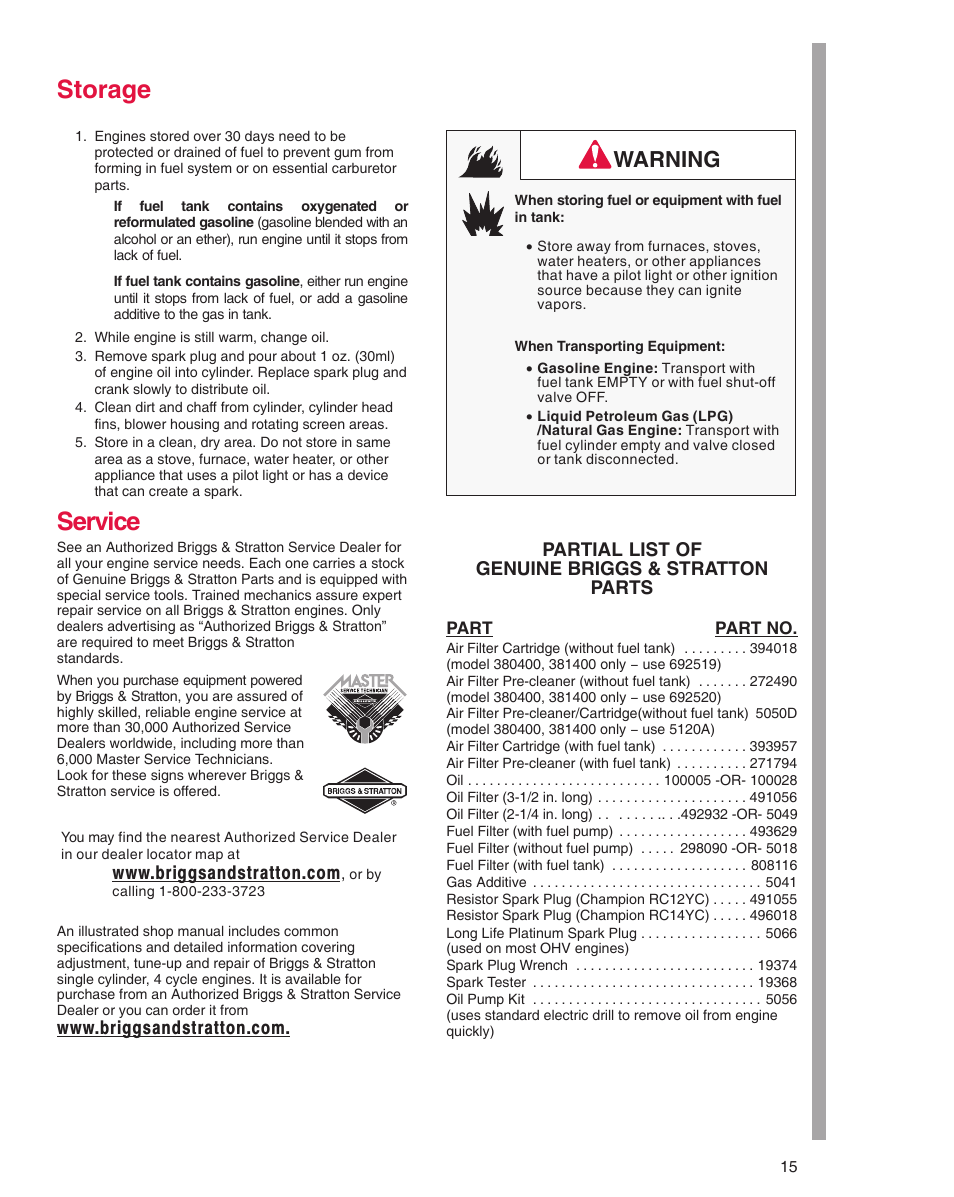 Storage, Service, Warning | Briggs & Stratton 290000 User Manual | Page 15 / 20