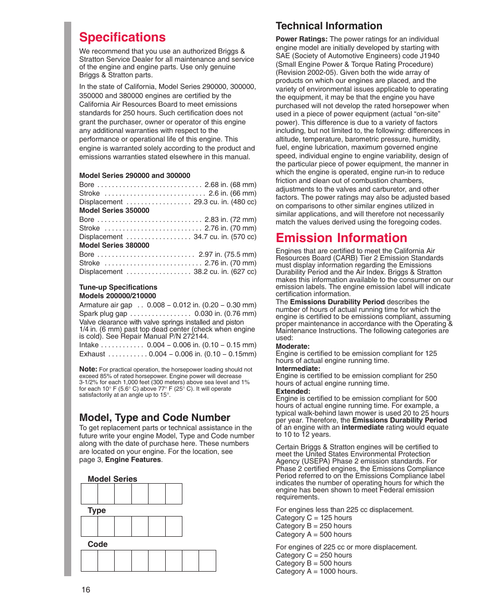 Specifications, Emission information, Model, type and code number | Technical information | Briggs & Stratton 290000 User Manual | Page 16 / 20