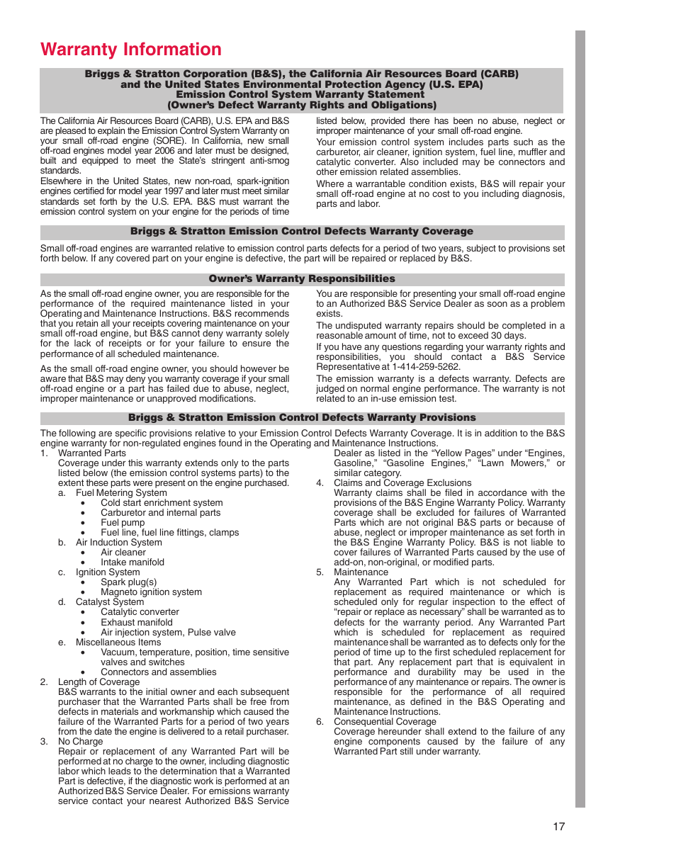 Warranty information | Briggs & Stratton 290000 User Manual | Page 17 / 20