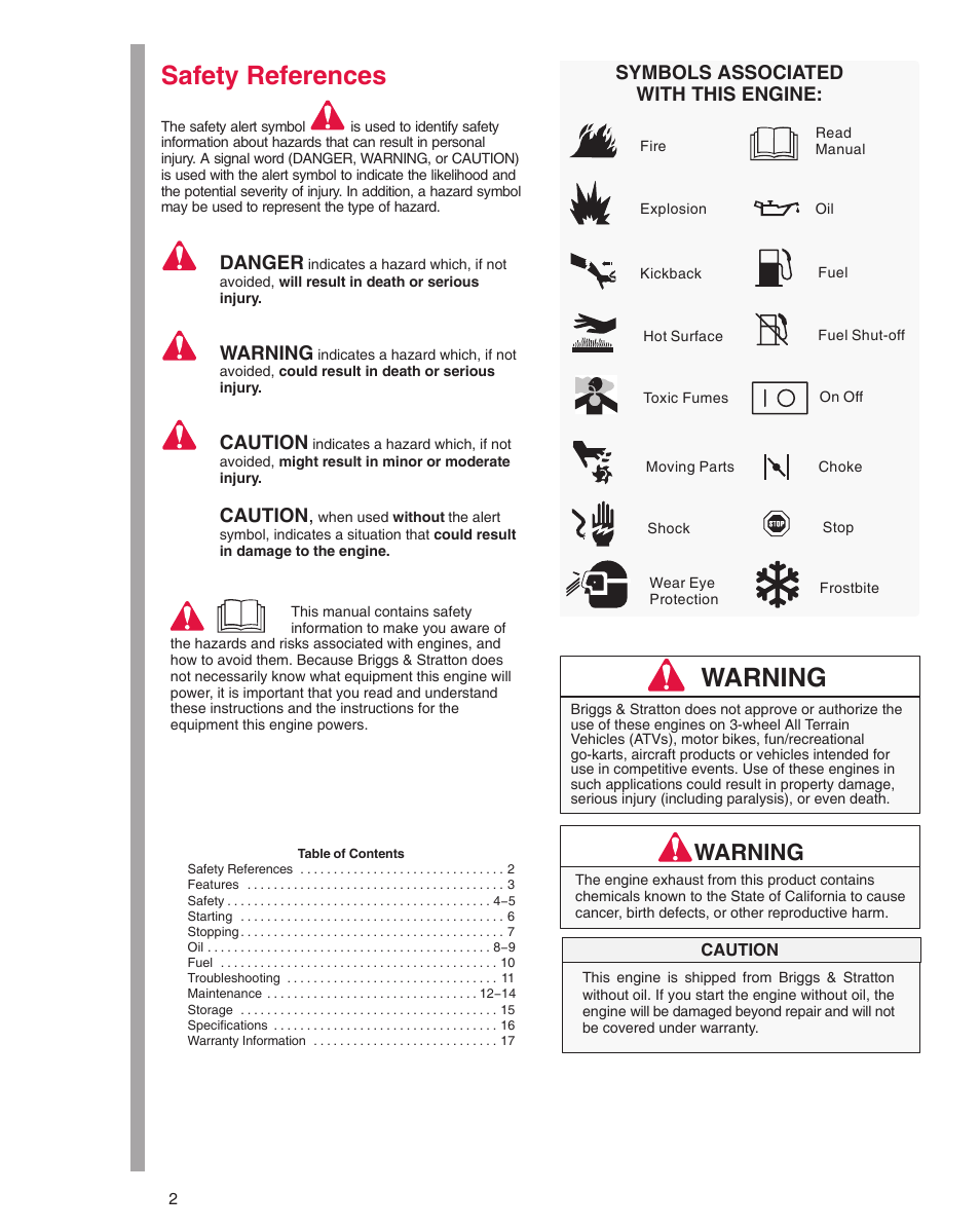 Safety references, Danger, Warning | Caution, Symbols associated with this engine | Briggs & Stratton 290000 User Manual | Page 2 / 20