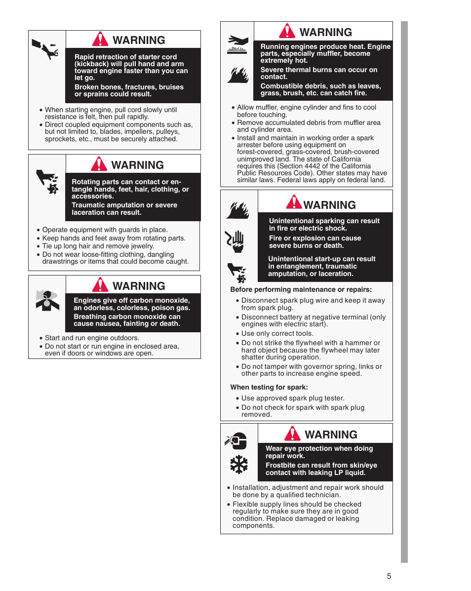 Warning | Briggs & Stratton 290000 User Manual | Page 5 / 20