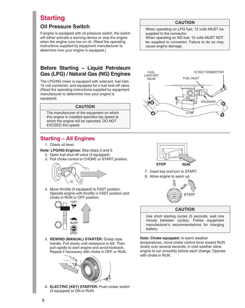 Starting, Oil pressure switch, Starting − all engines | Briggs & Stratton 290000 User Manual | Page 6 / 20