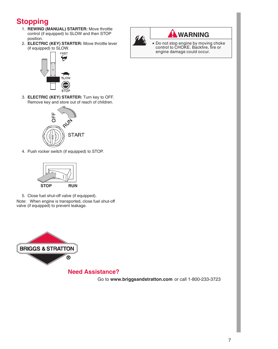 Stopping, Warning, Need assistance | Briggs & Stratton 290000 User Manual | Page 7 / 20