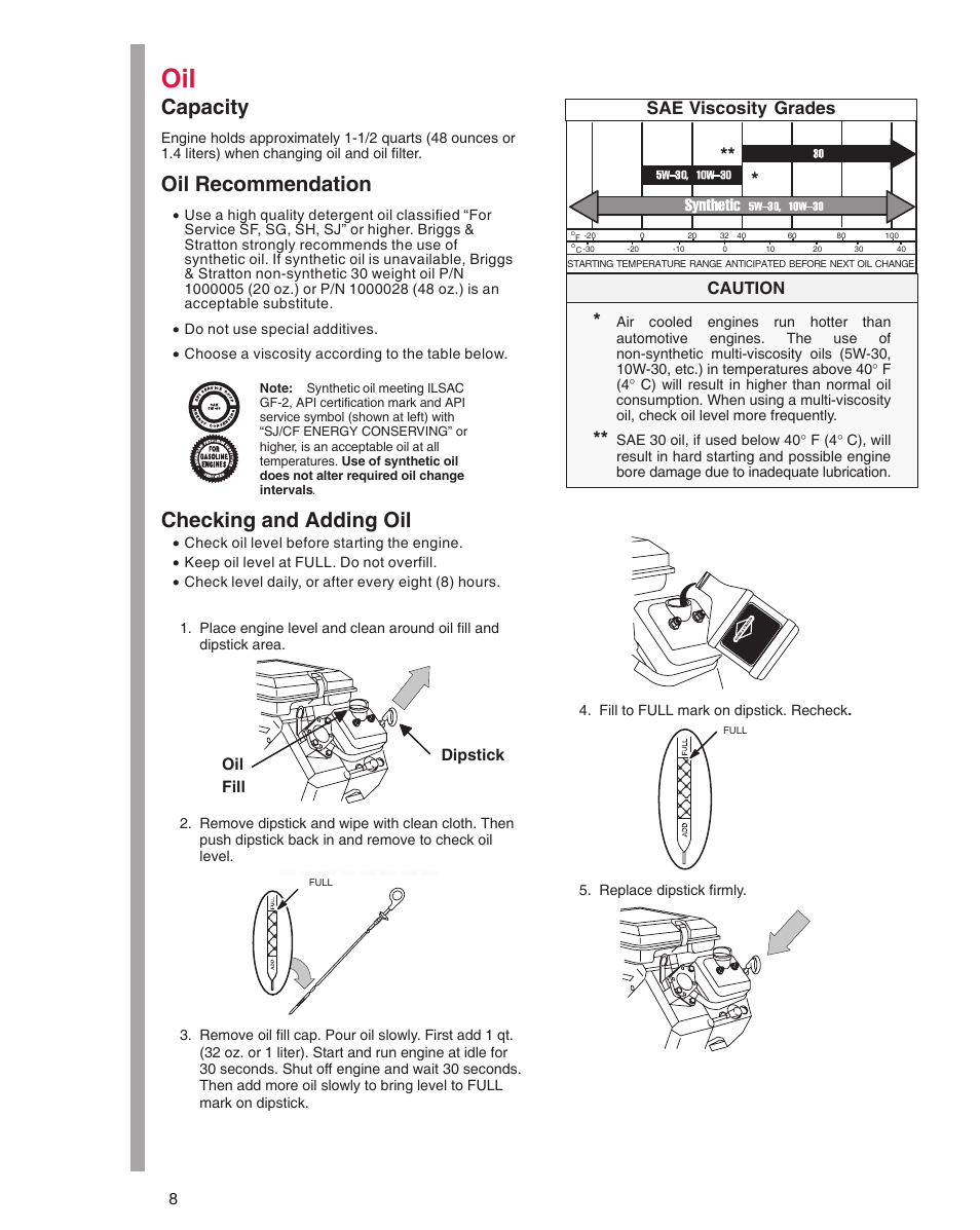 Capacity, Oil recommendation, Checking and adding oil | Sae viscosity grades | Briggs & Stratton 290000 User Manual | Page 8 / 20