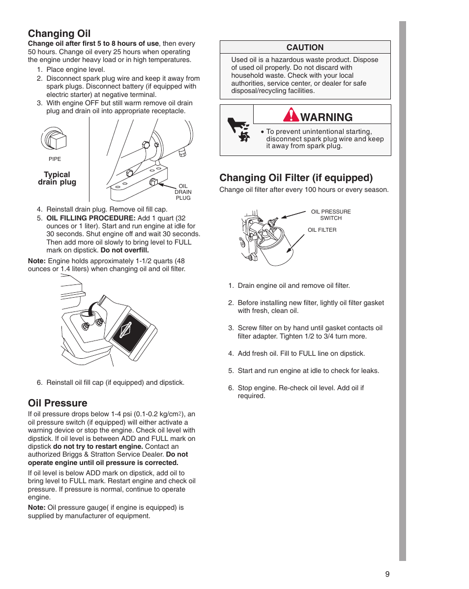 Warning, Changing oil, Oil pressure | Changing oil filter (if equipped) | Briggs & Stratton 290000 User Manual | Page 9 / 20