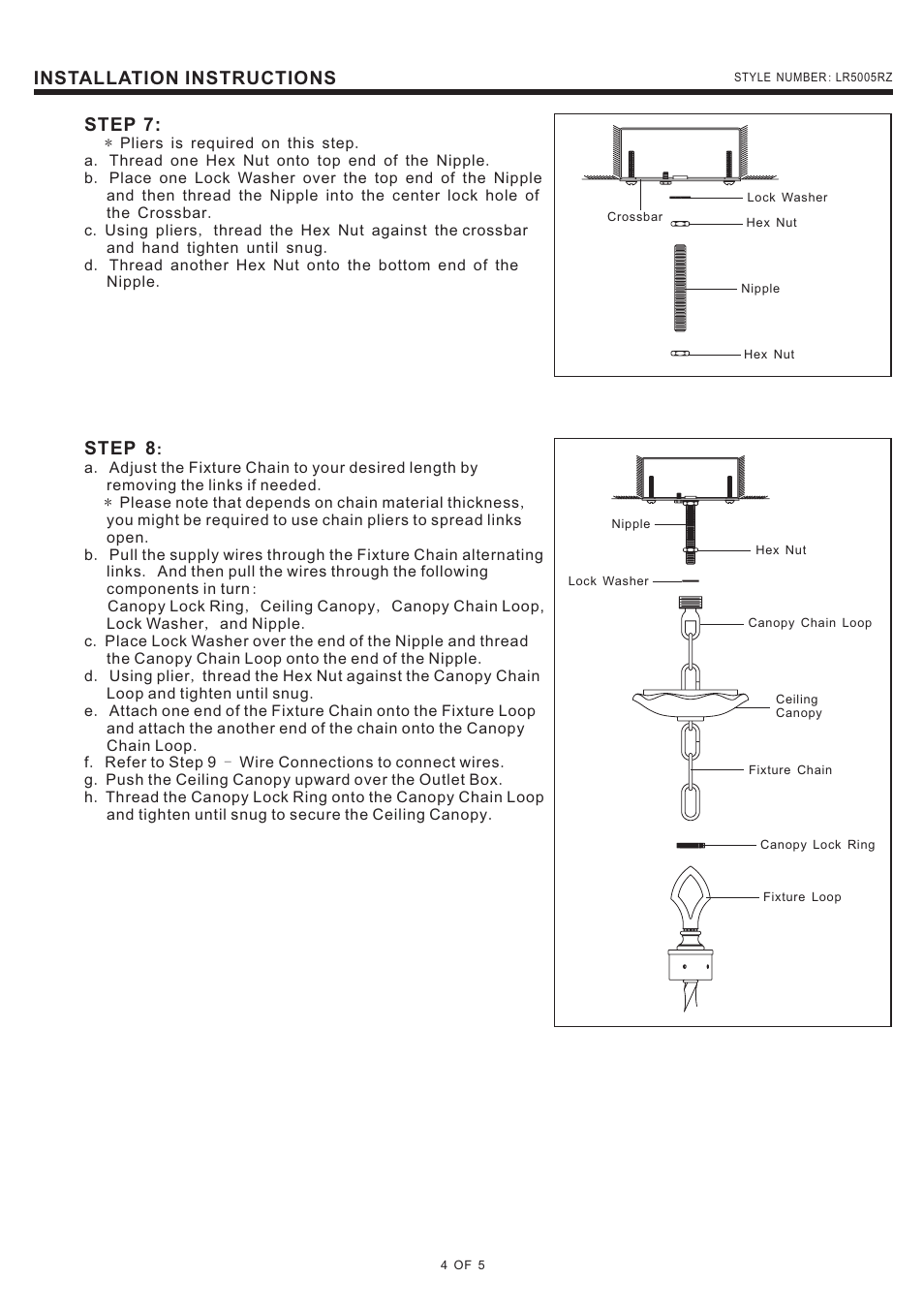 Installation instructions, Step 7, Step 8 | Quoizel LR5005RZ Laredo User Manual | Page 4 / 5