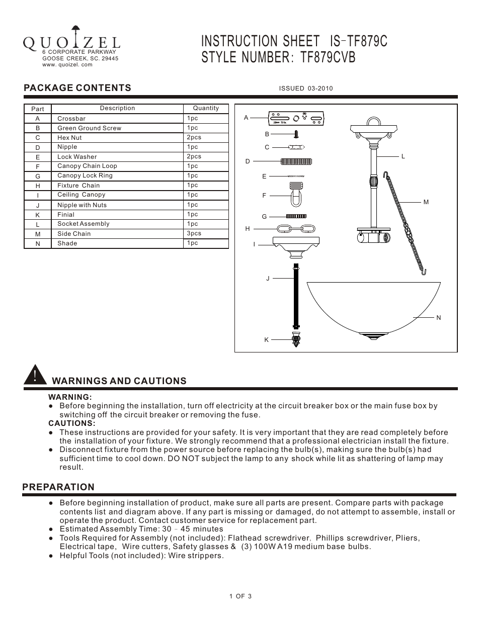 Quoizel TF879CVB Larissa User Manual | 3 pages