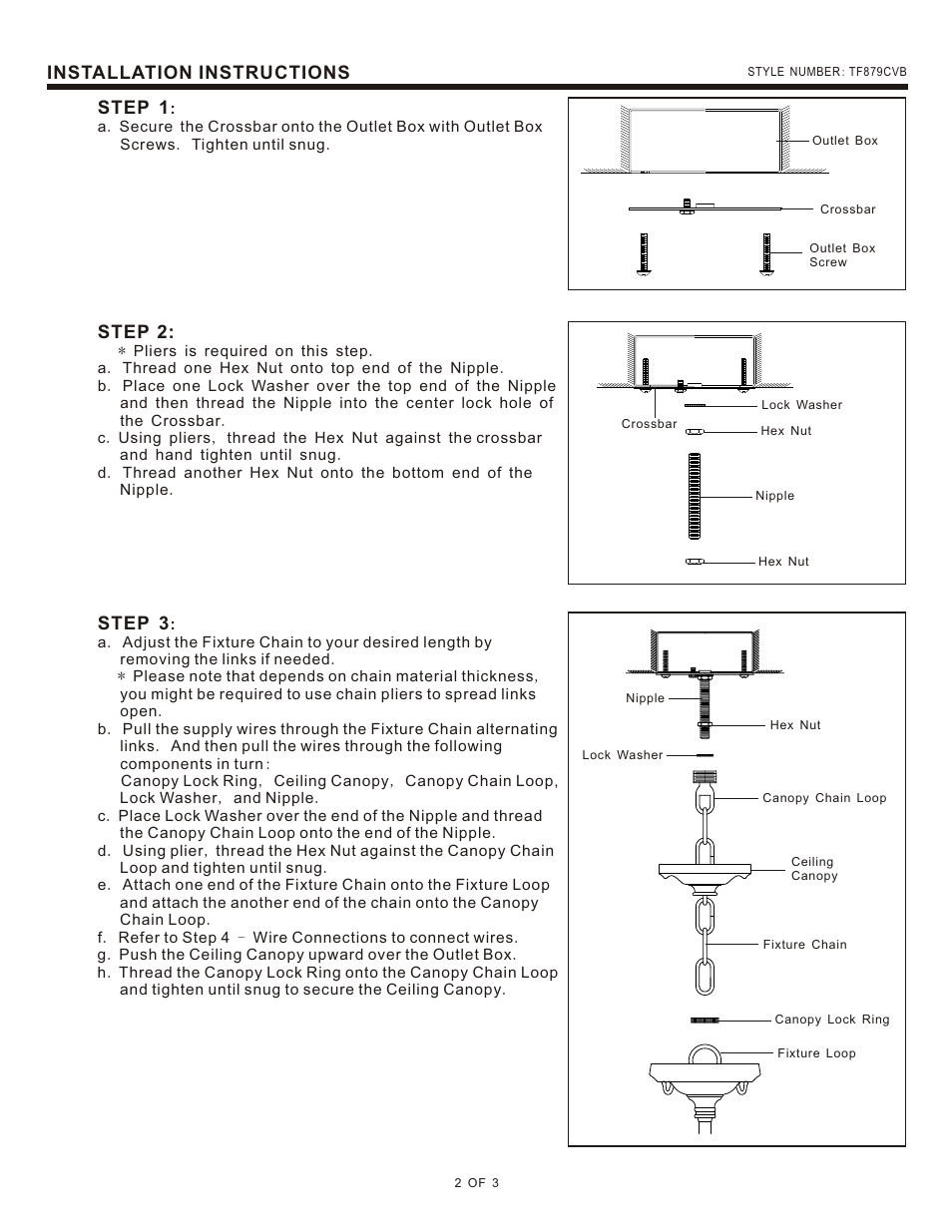 Installation, Instructions, Step 1 | Step, Step 3 | Quoizel TF879CVB Larissa User Manual | Page 2 / 3