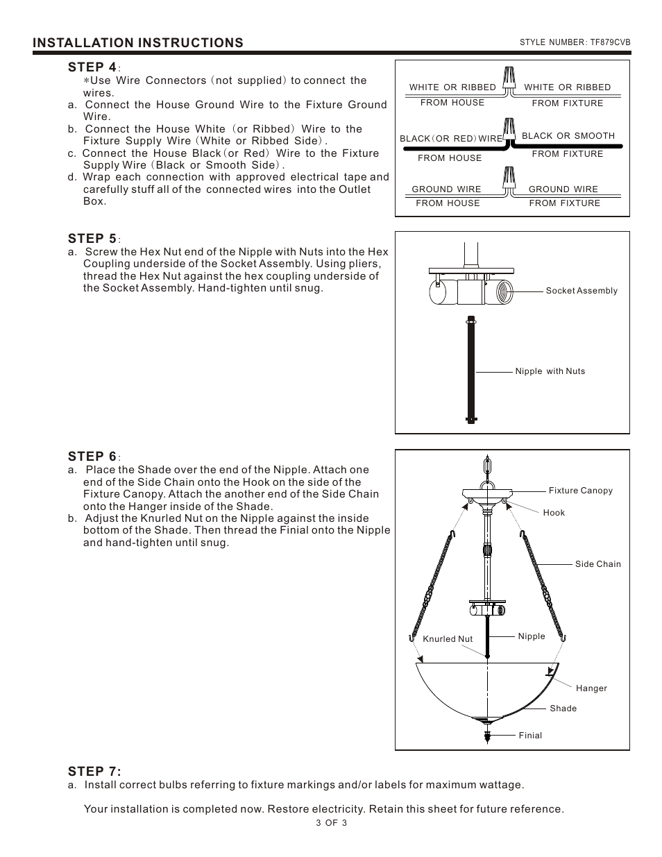 Installation, Instructions, Step | Quoizel TF879CVB Larissa User Manual | Page 3 / 3