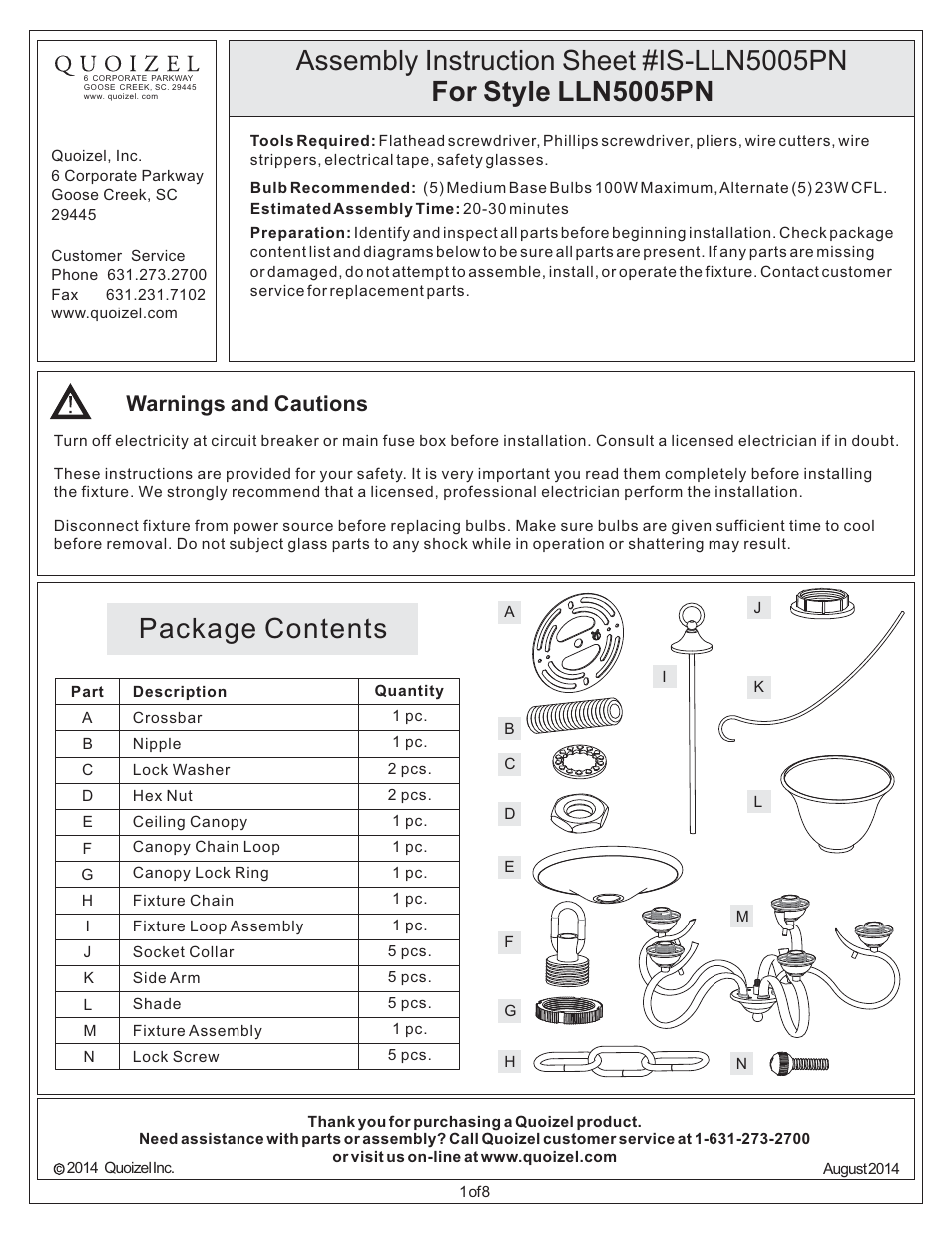 Quoizel LLN5005PN Lillian User Manual | 8 pages