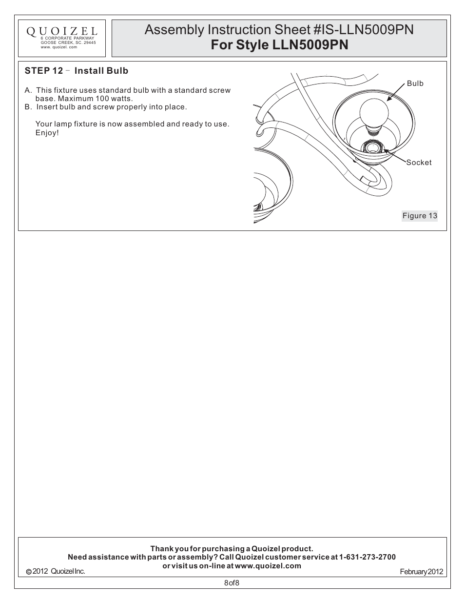 Quoizel LLN5009PN Lillian User Manual | Page 8 / 8