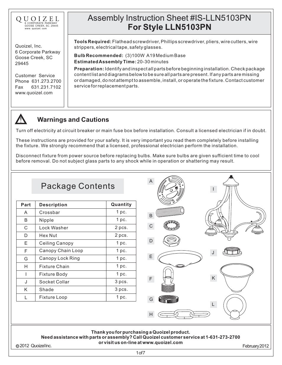 Quoizel LLN5103PN Lillian User Manual | 7 pages