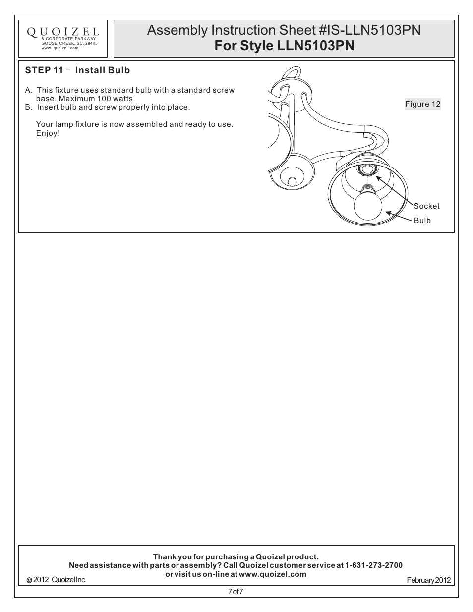 Quoizel LLN5103PN Lillian User Manual | Page 7 / 7