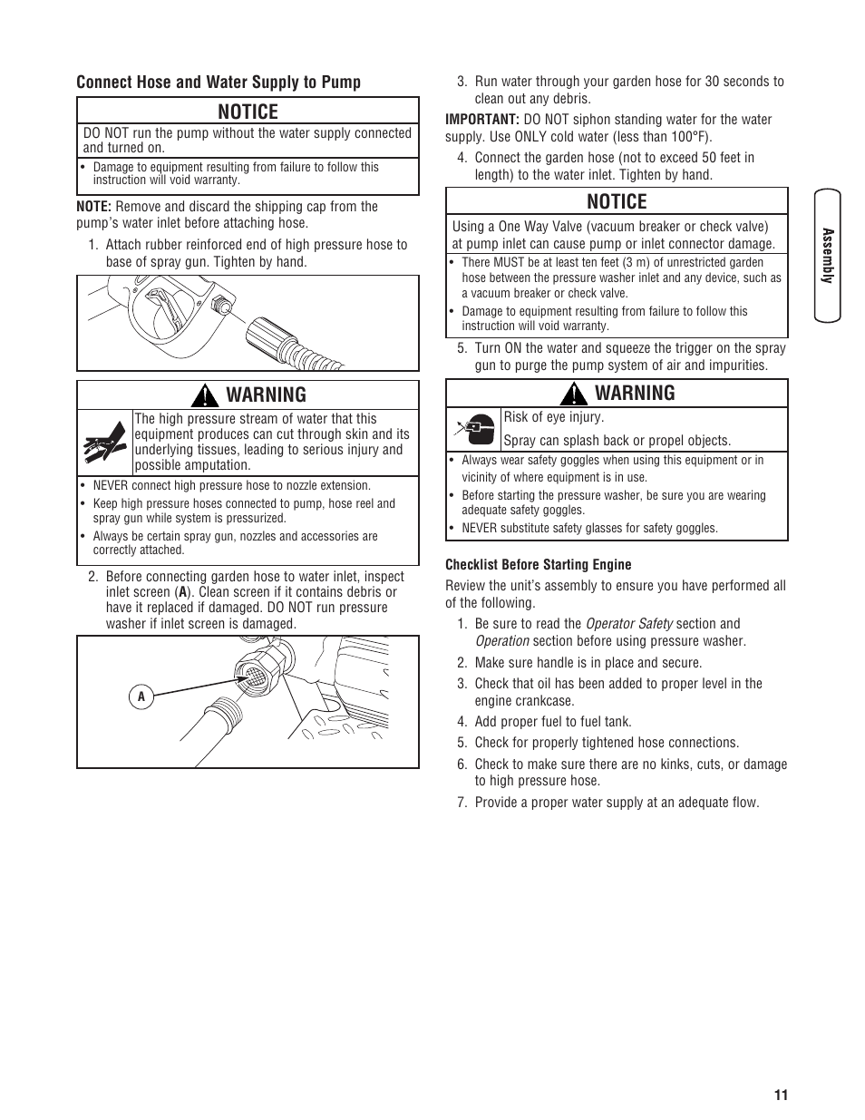 Conecte la manguera y el sum, Connect hose and water supply to pump, Notice | Warning | Briggs & Stratton 3400 PSI User Manual | Page 11 / 60
