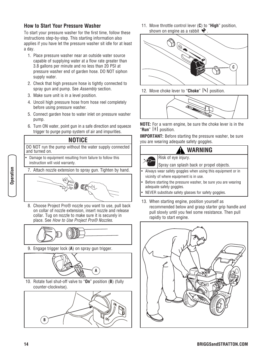 How to start your pressure washer, Notice, Warning | Briggs & Stratton 3400 PSI User Manual | Page 14 / 60