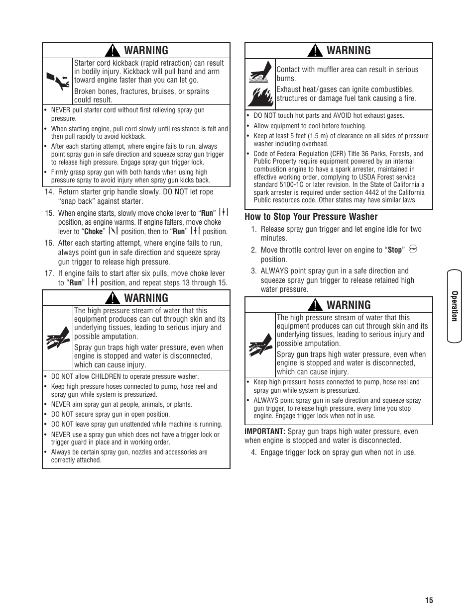 Cómo detener su máquina limp, How to stop your pressure washer, Warning | Briggs & Stratton 3400 PSI User Manual | Page 15 / 60