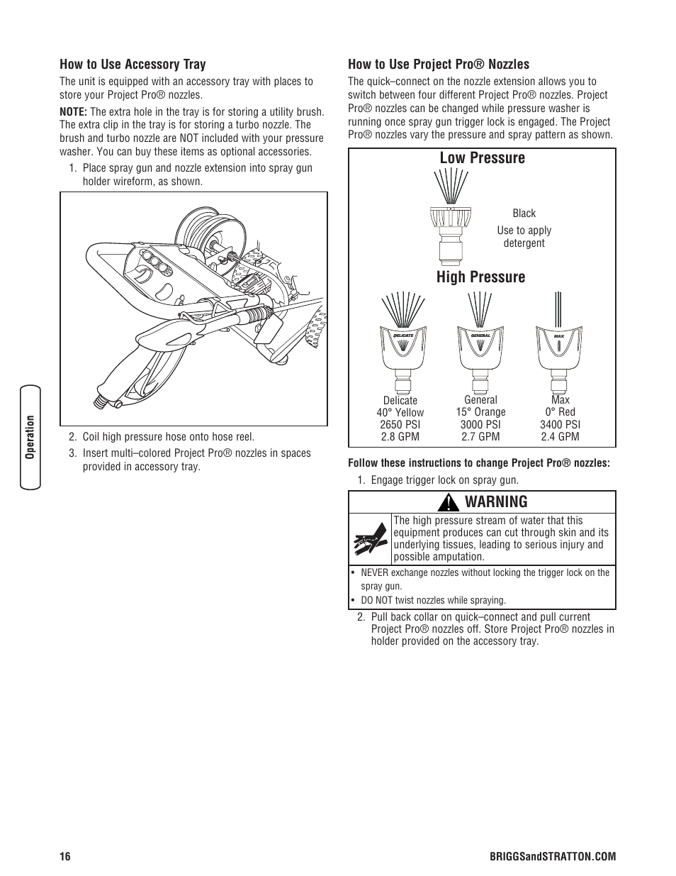 Utilización de la bandeja de, Cómo usar las boquillas proj, Low pressure high pressure warning | Briggs & Stratton 3400 PSI User Manual | Page 16 / 60