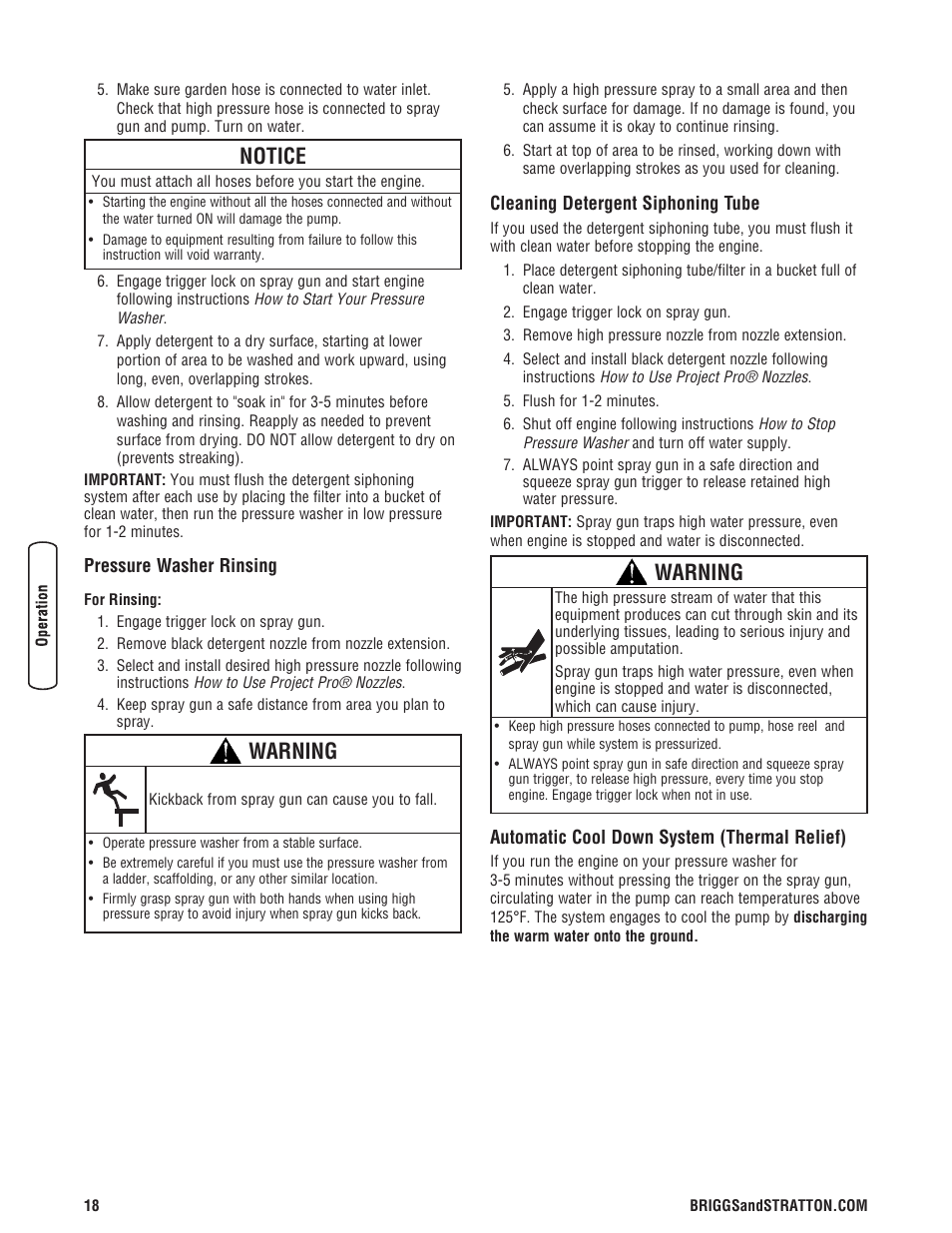 Enjuage de la máquina limpia, Limpieza del tubo de inyecci, Sistema de enfriamiento auto | Notice, Warning | Briggs & Stratton 3400 PSI User Manual | Page 18 / 60