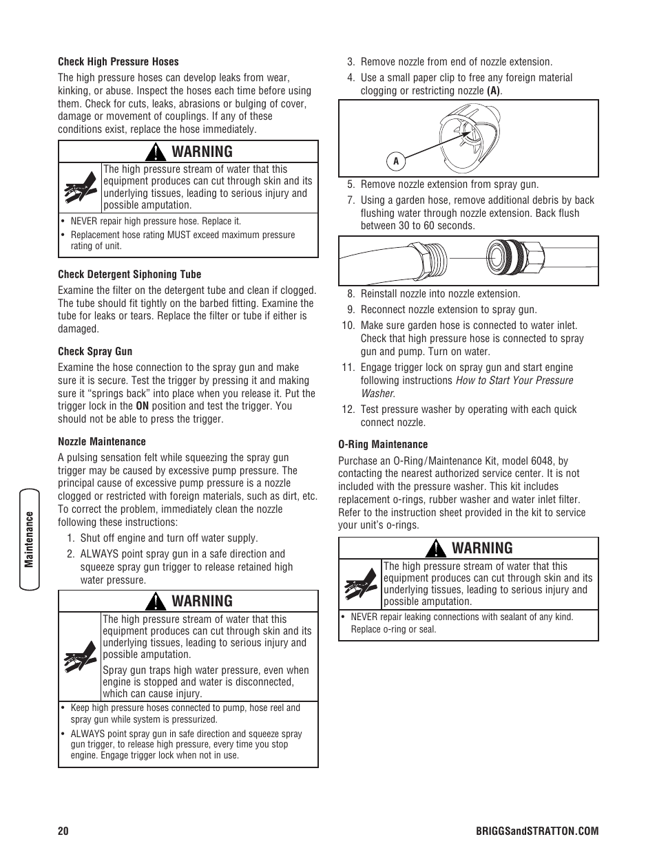 Warning | Briggs & Stratton 3400 PSI User Manual | Page 20 / 60