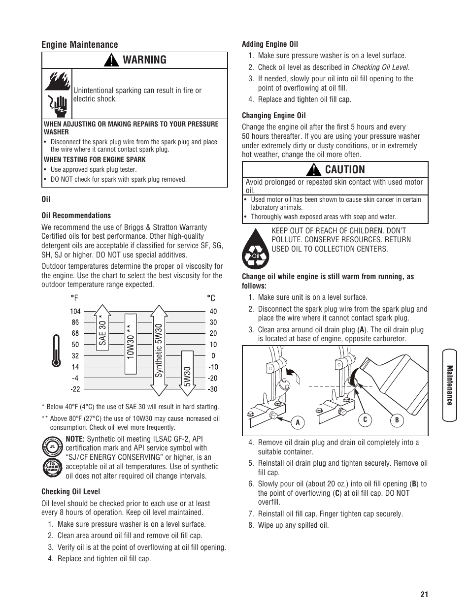 Mantenimiento del motor, Engine maintenance, Caution | Warning | Briggs & Stratton 3400 PSI User Manual | Page 21 / 60