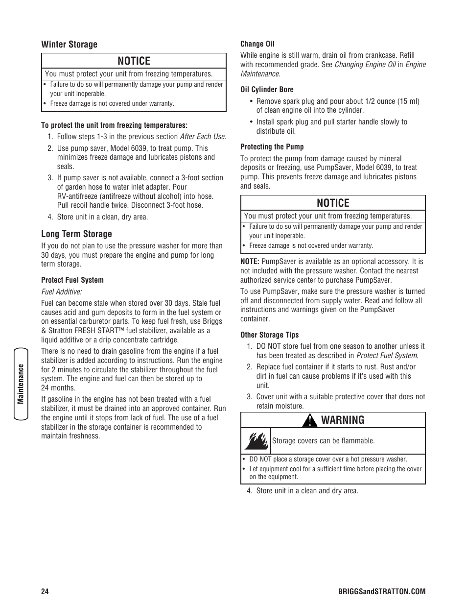 Almacenamiento para invierno, Almacenamiento prolongado, Winter storage long term storage | Notice, Warning | Briggs & Stratton 3400 PSI User Manual | Page 24 / 60