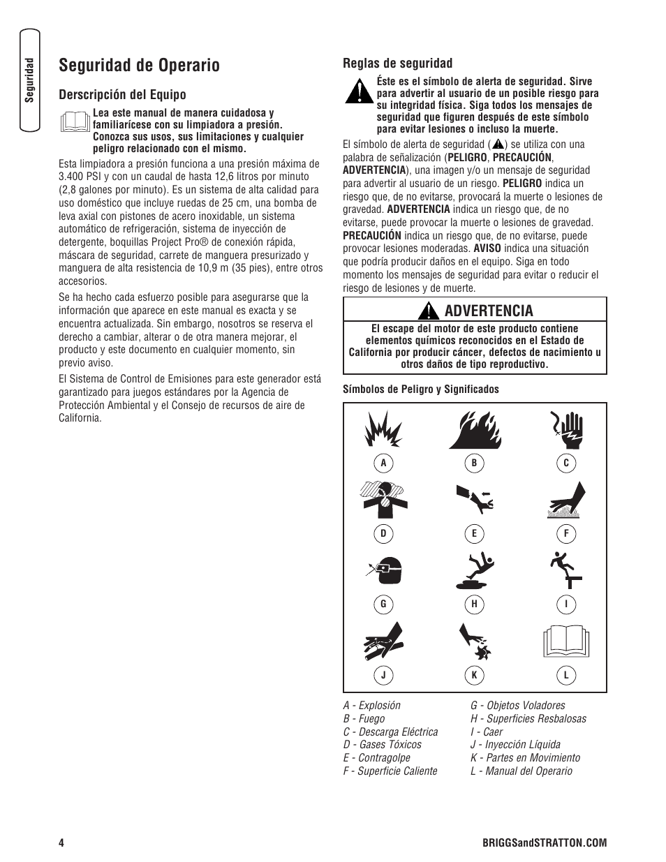 Seguridad de operario, Advertencia | Briggs & Stratton 3400 PSI User Manual | Page 34 / 60