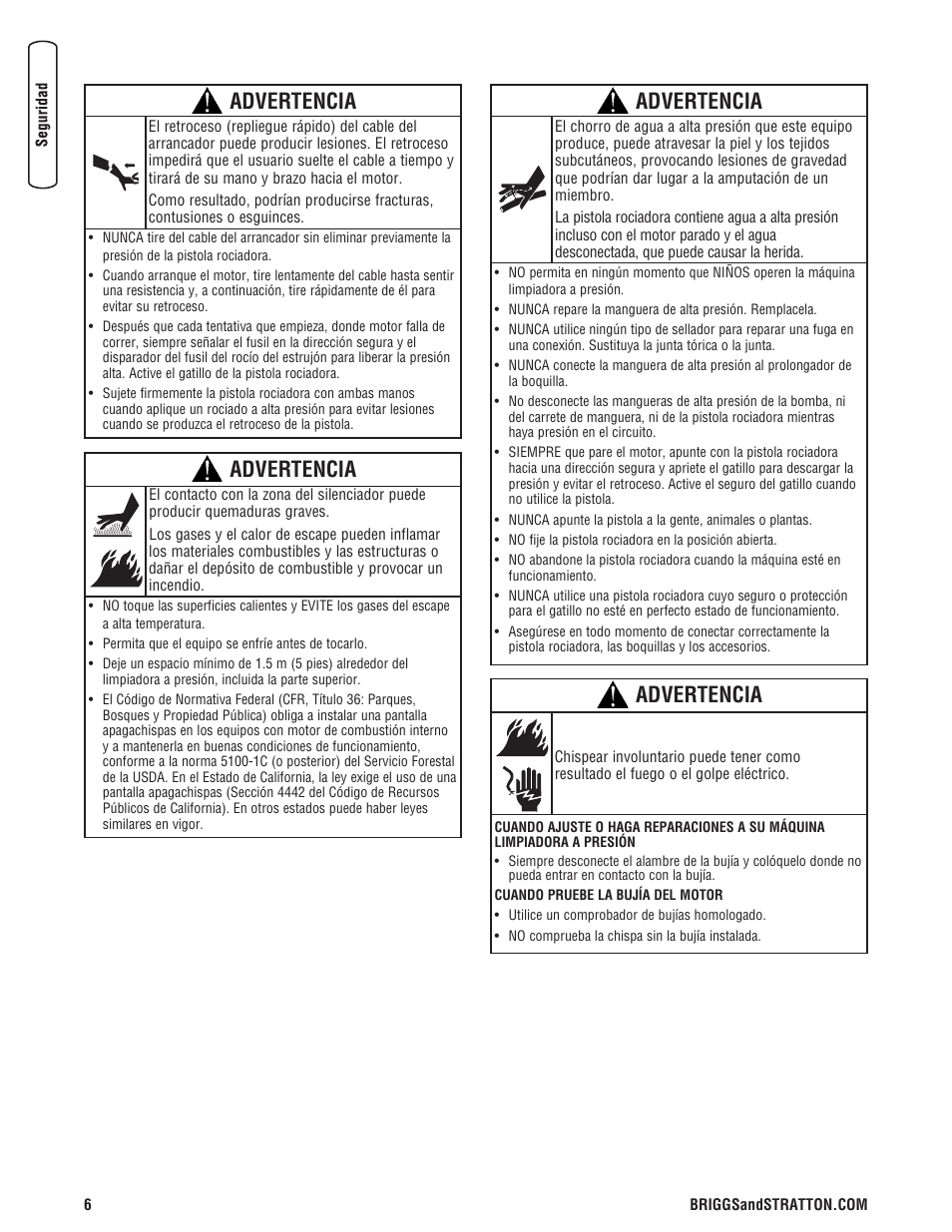 Advertencia | Briggs & Stratton 3400 PSI User Manual | Page 36 / 60