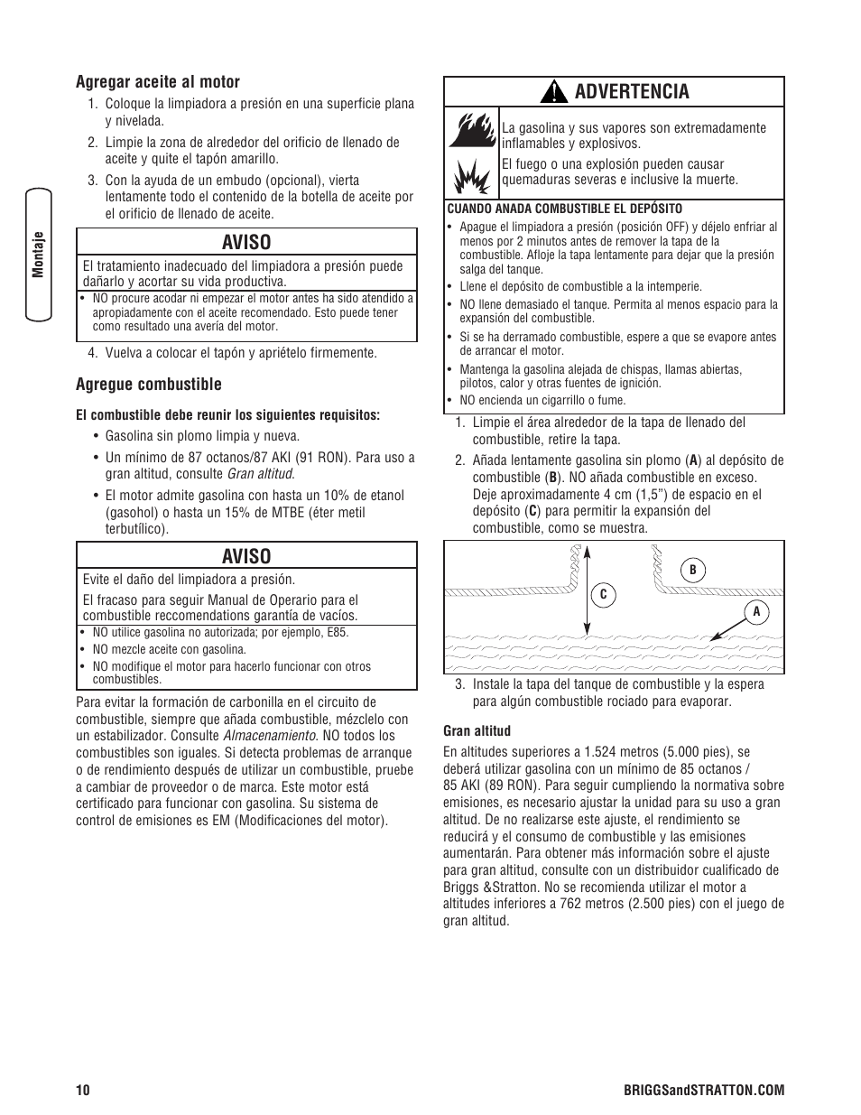 Aviso, Advertencia | Briggs & Stratton 3400 PSI User Manual | Page 40 / 60