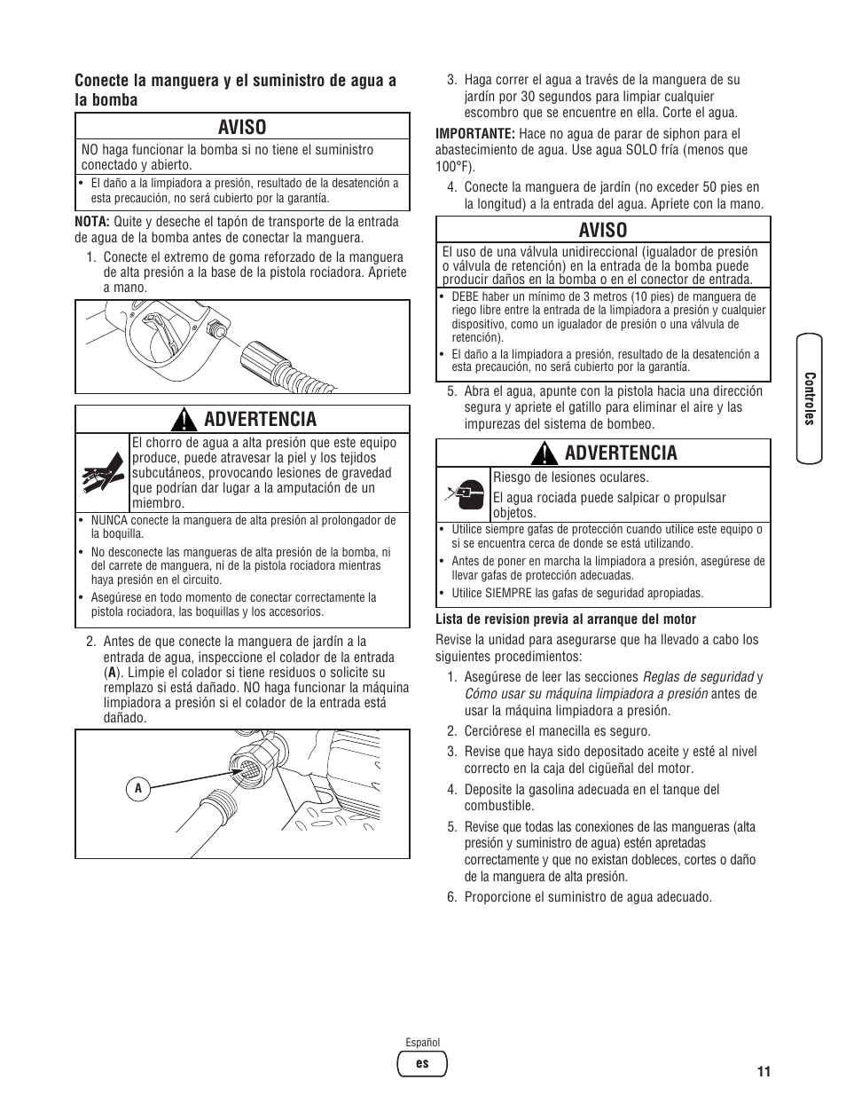 Aviso, Advertencia | Briggs & Stratton 3400 PSI User Manual | Page 41 / 60