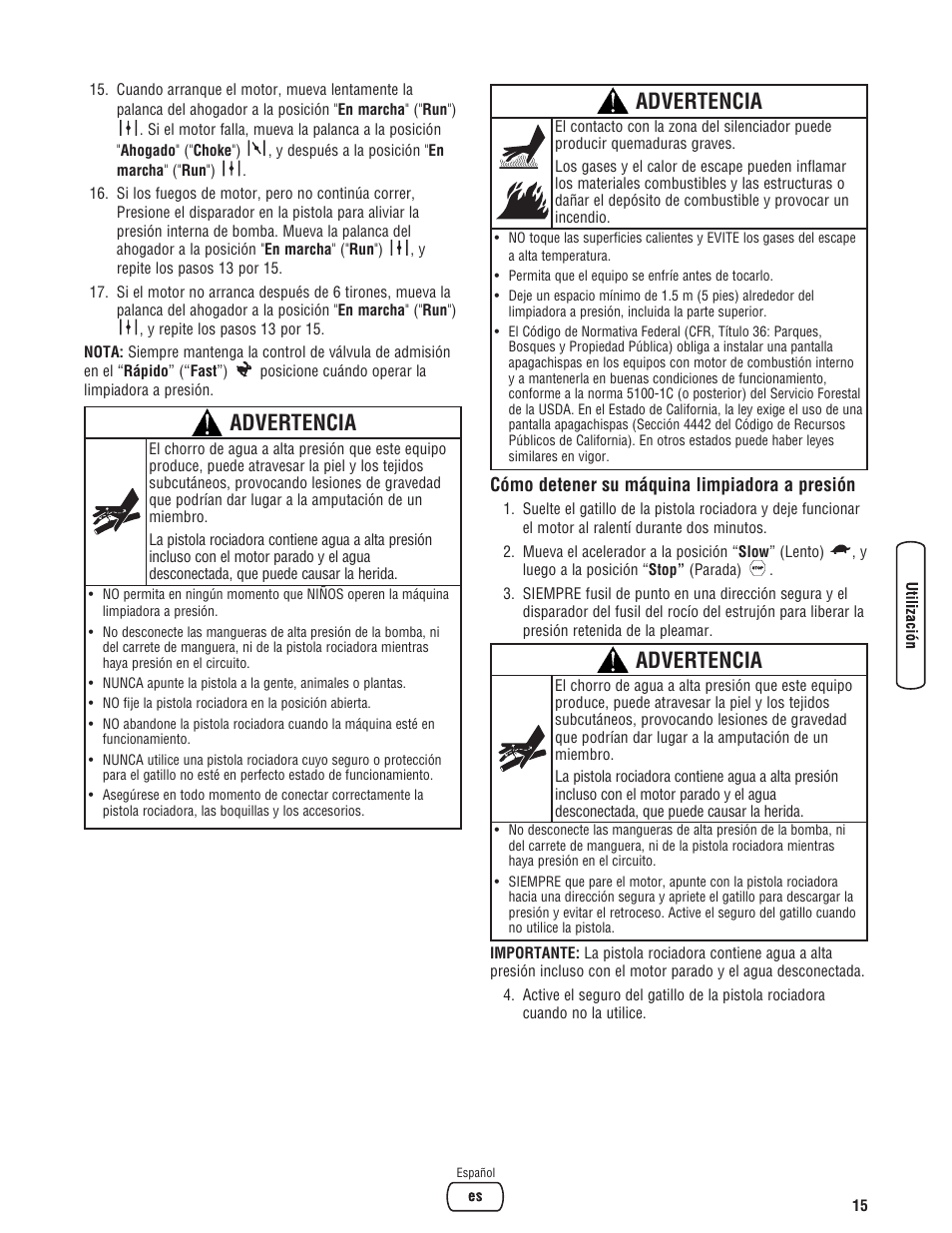 Advertencia | Briggs & Stratton 3400 PSI User Manual | Page 45 / 60