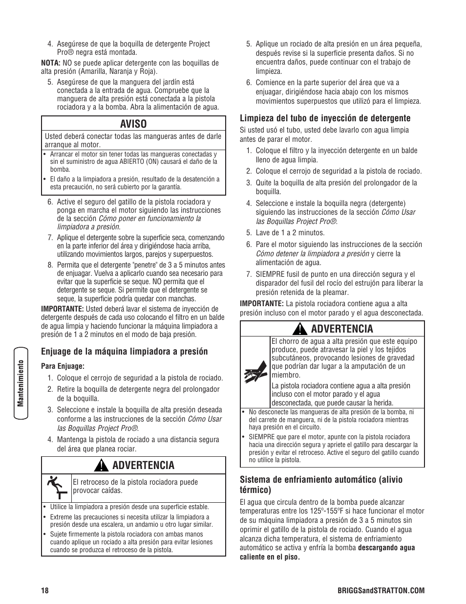 Aviso, Advertencia | Briggs & Stratton 3400 PSI User Manual | Page 48 / 60