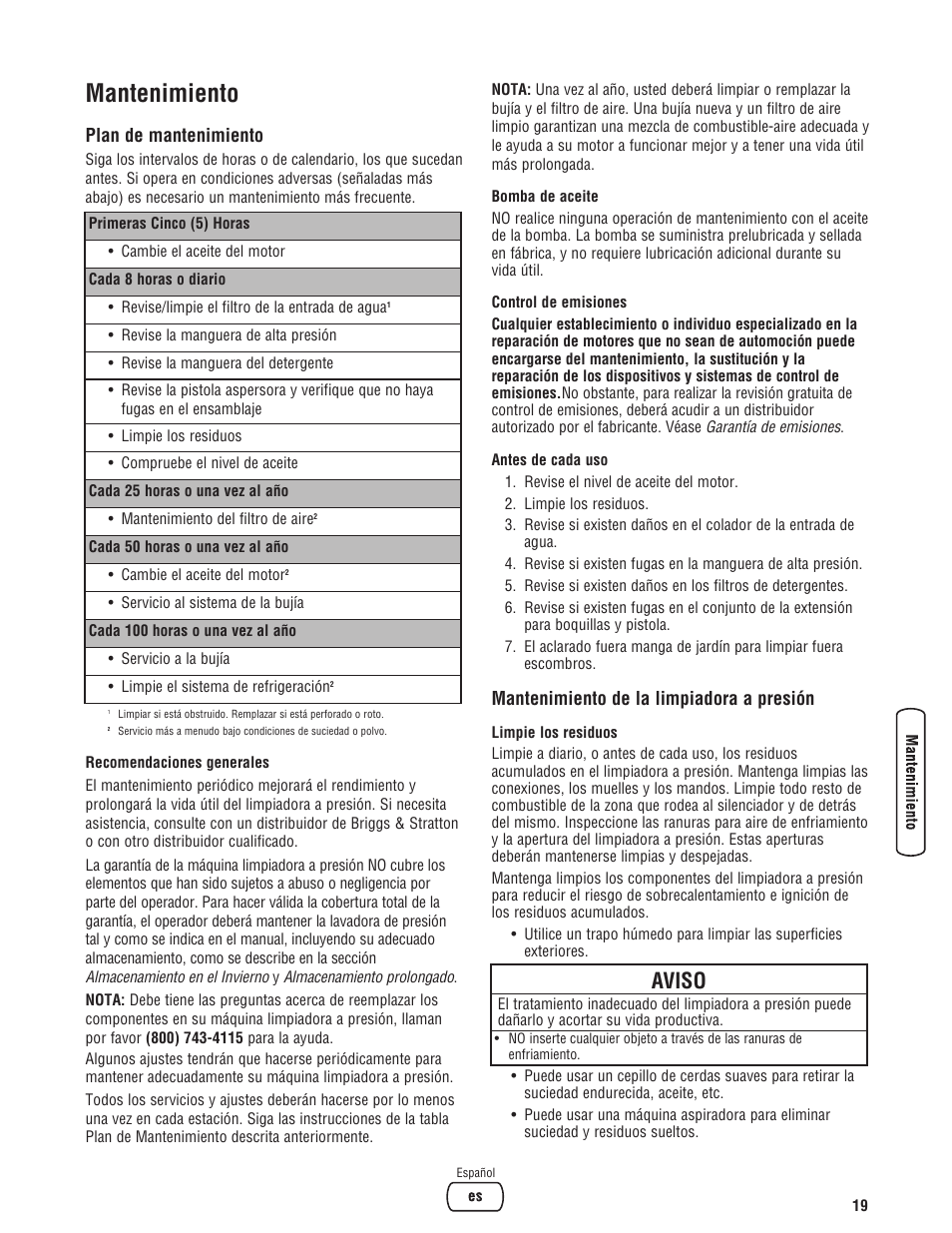 Mantenimiento, Aviso, Plan de mantenimiento | Mantenimiento de la limpiadora a presión | Briggs & Stratton 3400 PSI User Manual | Page 49 / 60