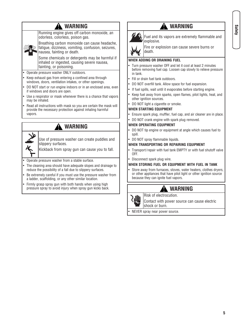 Warning | Briggs & Stratton 3400 PSI User Manual | Page 5 / 60
