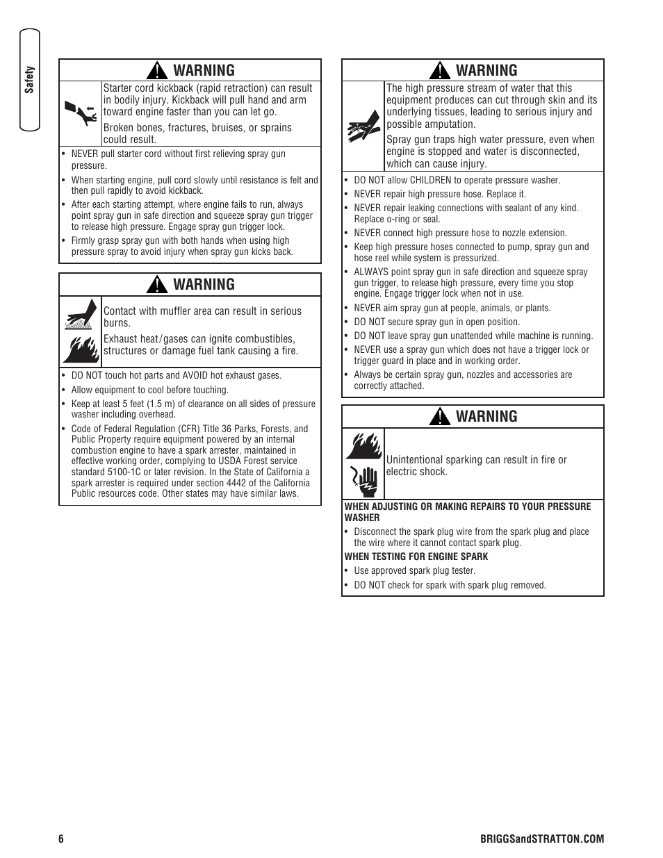 Warning | Briggs & Stratton 3400 PSI User Manual | Page 6 / 60