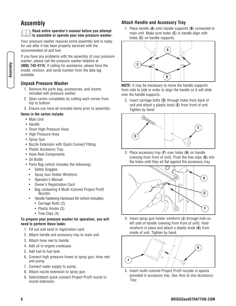 Montaje, Desembale la limpiadora a pr, Conecte el asa y bandeja acc | Assembly | Briggs & Stratton 3400 PSI User Manual | Page 8 / 60