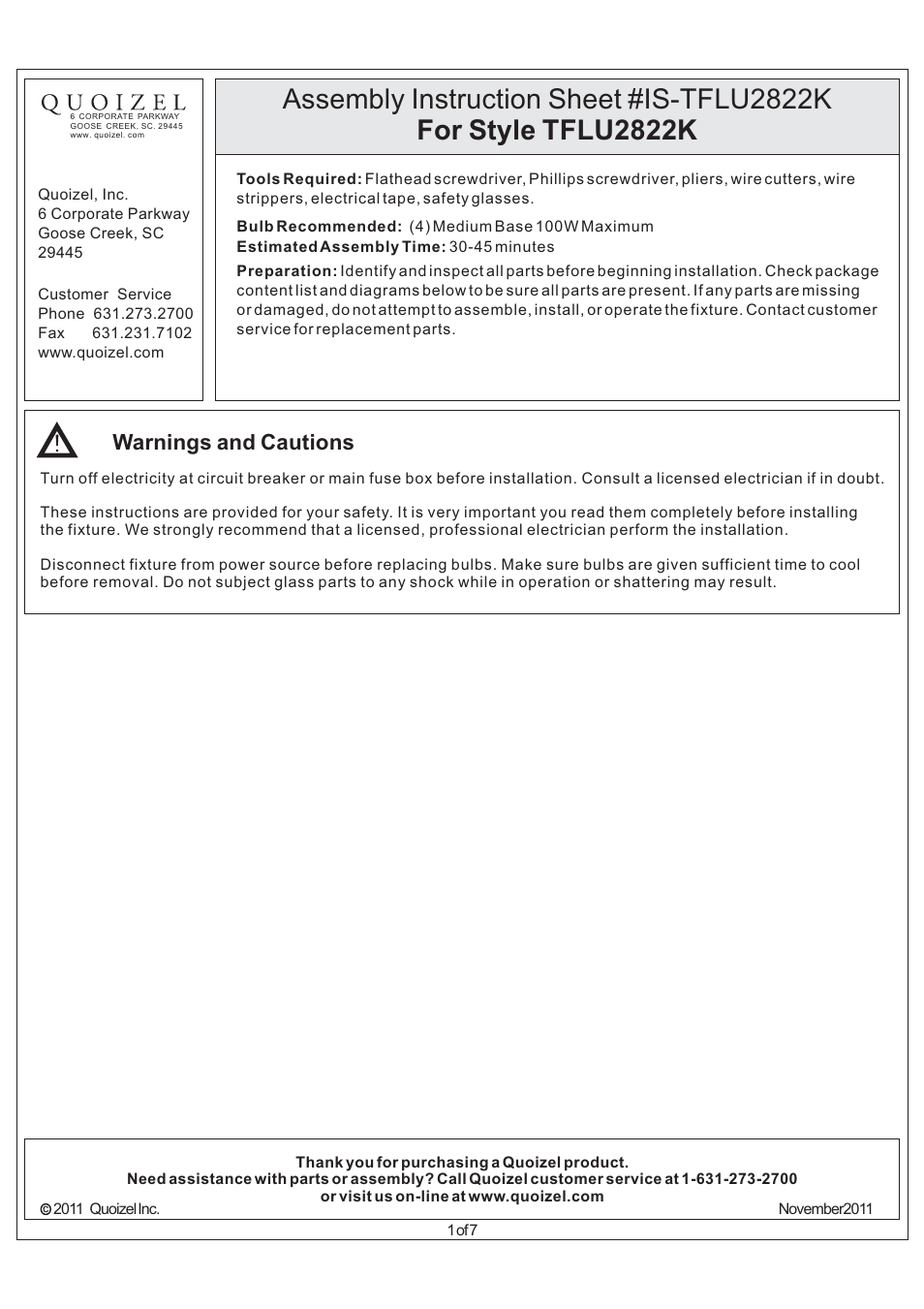 Quoizel TFLU2822K Luxe User Manual | 7 pages