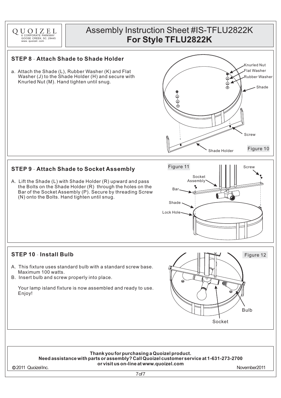 Step 8 attach shade to shade holder, Step 9 attach shade to socket assembly, Step 10 install bulb | Quoizel TFLU2822K Luxe User Manual | Page 7 / 7