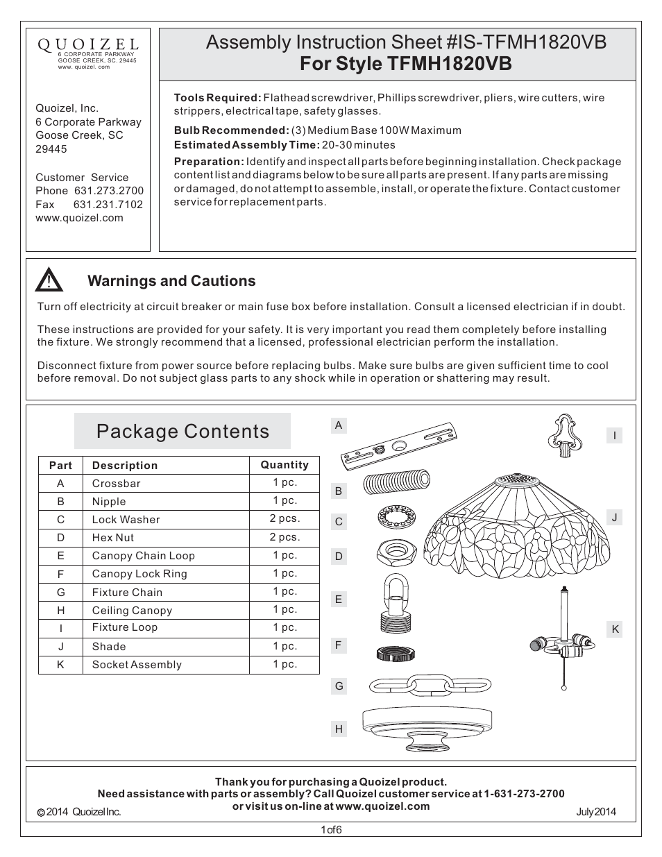 Quoizel TFMH1820VB Mariah User Manual | 6 pages